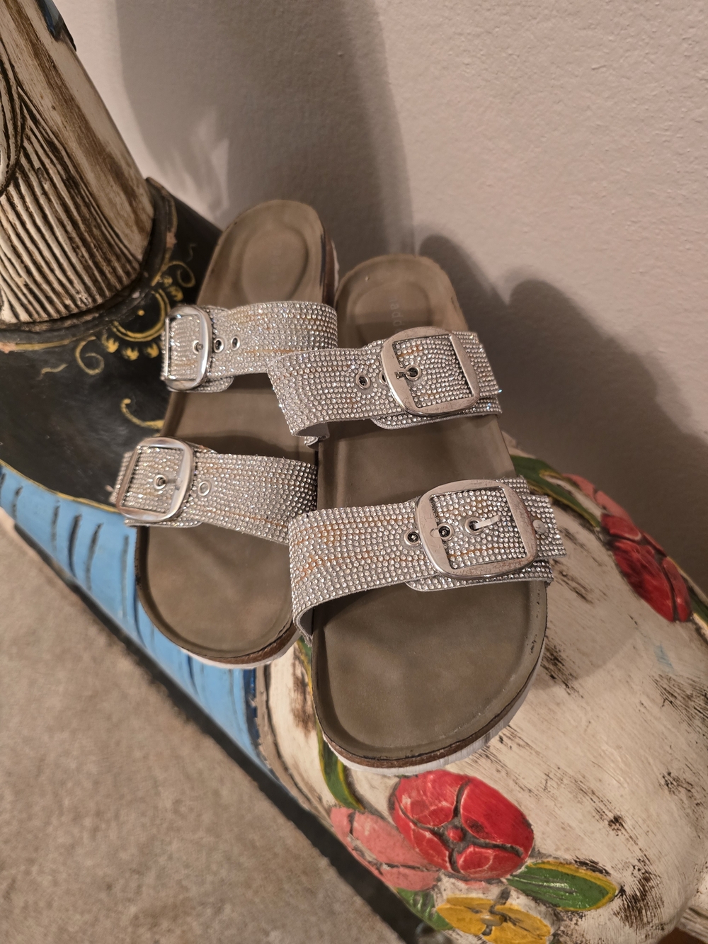 Madden Girl Silver Rhinestone Bling Double-Buckle Slide Sandals 9.5